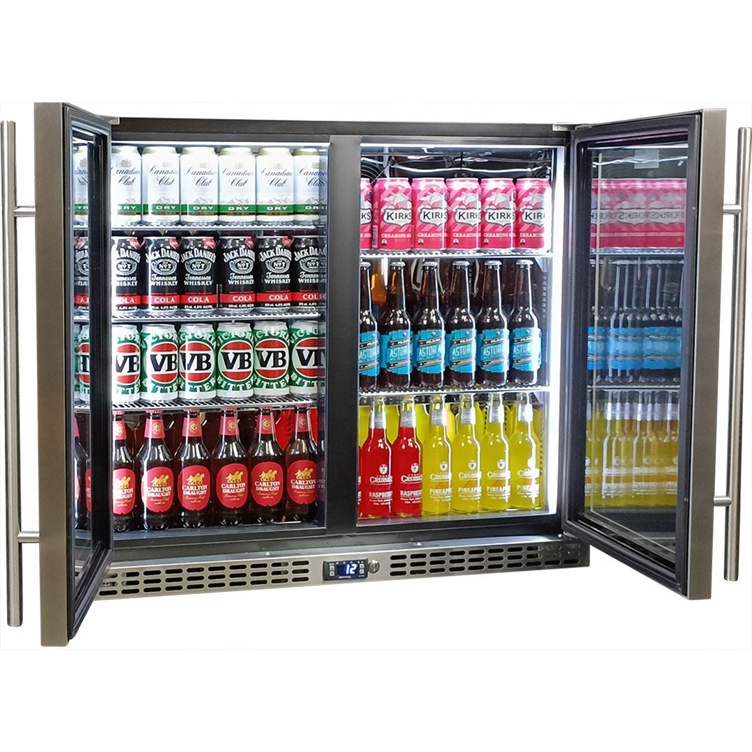 Schmick Twin Door Quiet Running Stainless Steel Heated Glass Door Bar Fridge Model SK206-HD - Low Height