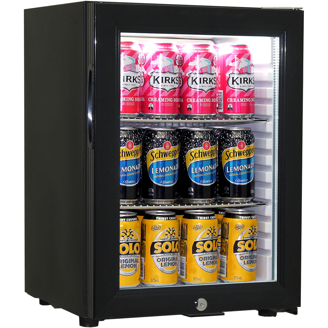 Schmick Black Glass Door Mini Bar Accommodation Fridge Quiet Running With Shallow Depth Model SK40-B