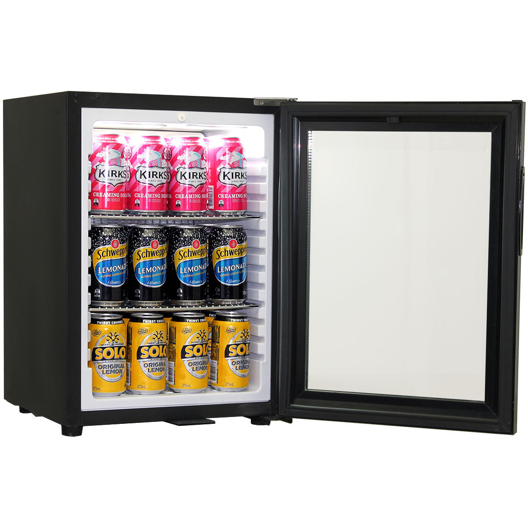 Schmick Black Glass Door Mini Bar Accommodation Fridge Quiet Running With Shallow Depth Model SK40-B