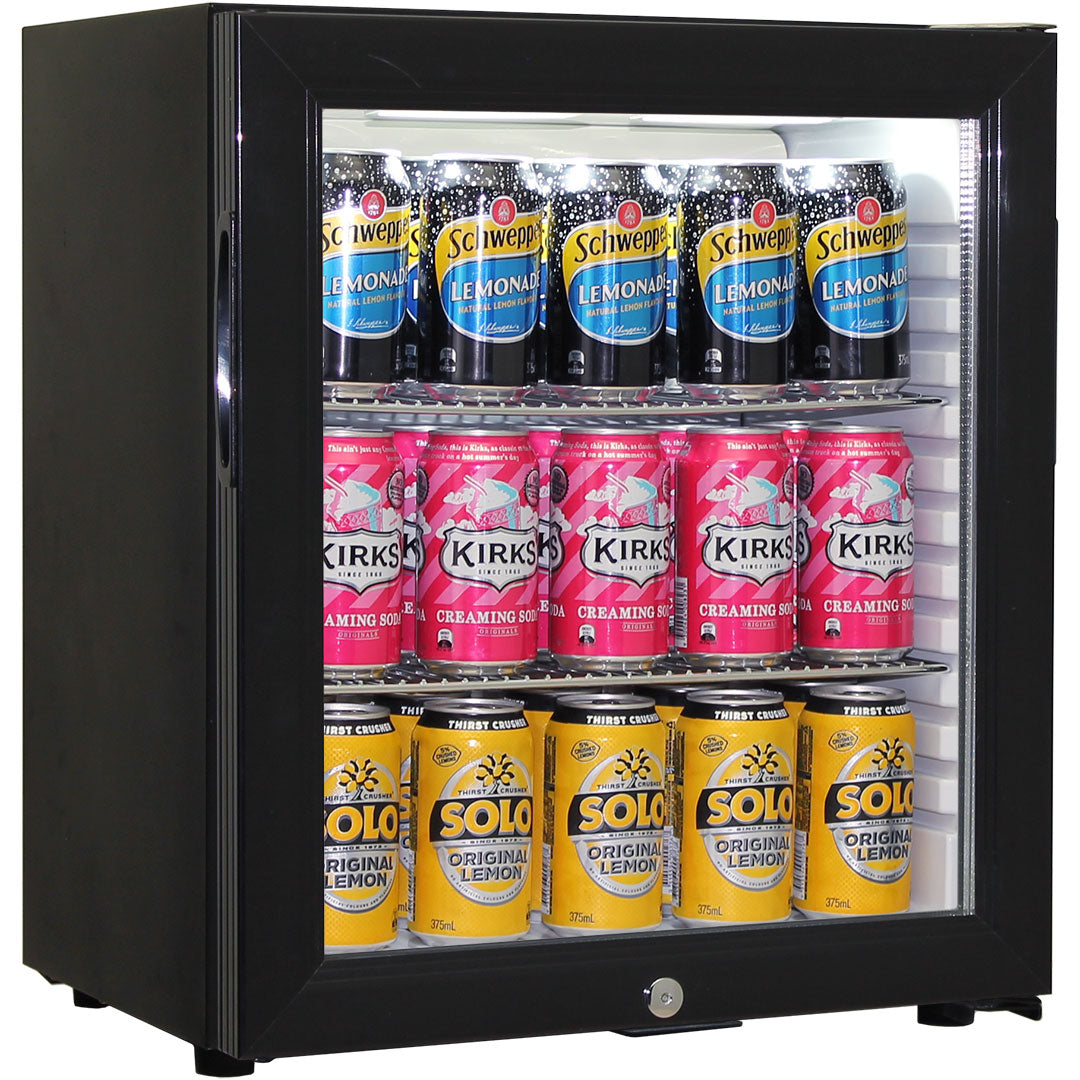 Schmick Black Glass Door Mini Bar Accommodation Fridge Quiet Running With Shallow Depth Model SK55-B