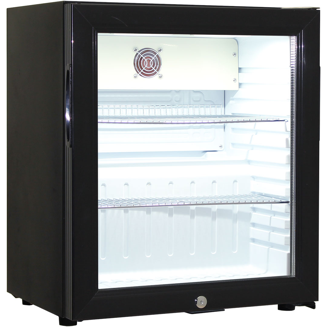 Schmick Black Glass Door Mini Bar Accommodation Fridge Quiet Running With Shallow Depth Model SK55-B