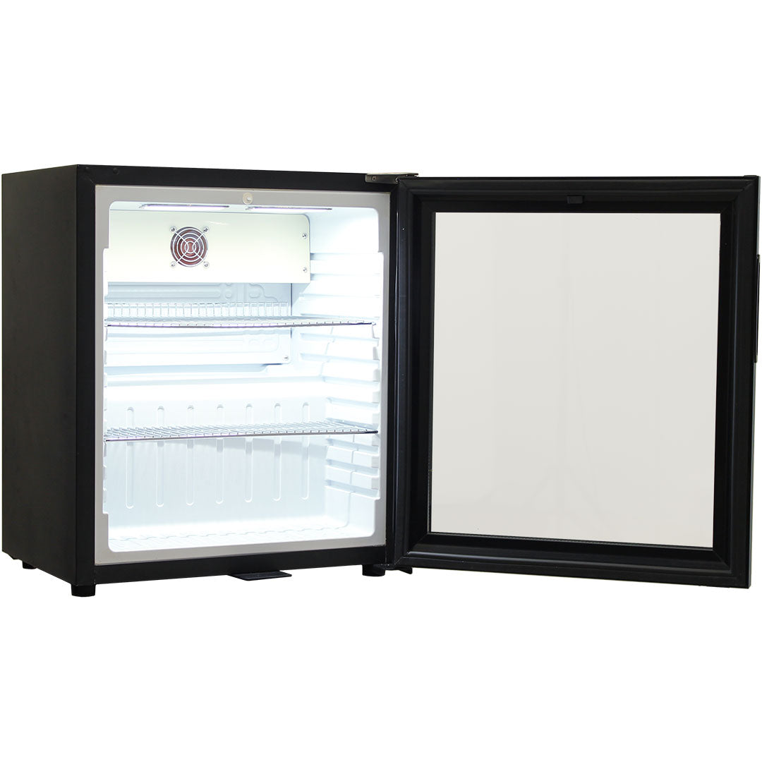 Schmick Black Glass Door Mini Bar Accommodation Fridge Quiet Running With Shallow Depth Model SK55-B