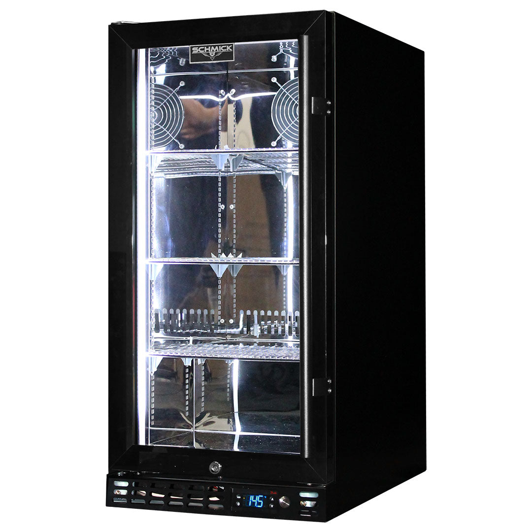 Schmick Black Quiet Running Front Venting Under Bench Heated Glass Door Bar Fridge Model SK92L-B-HD