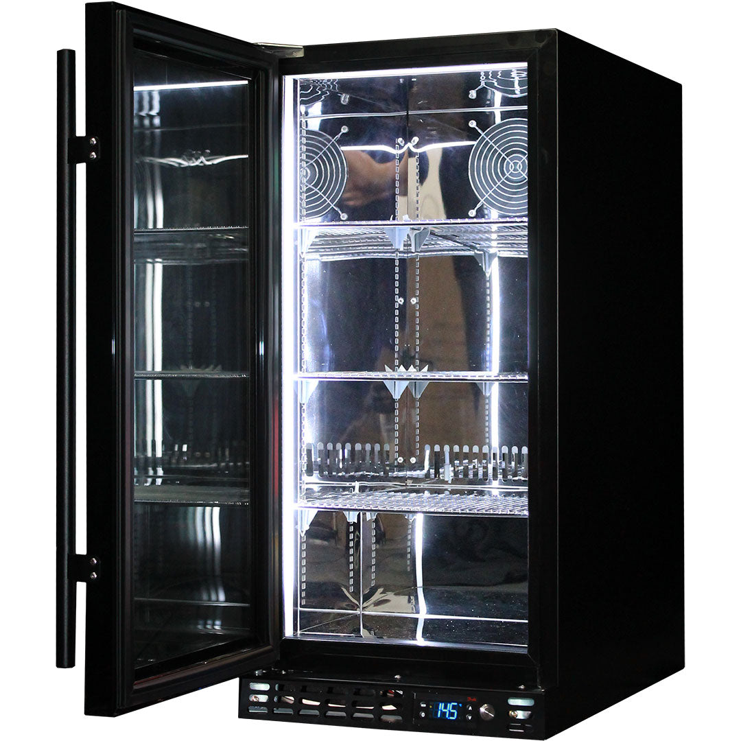 Schmick Black Quiet Running Front Venting Under Bench Heated Glass Door Bar Fridge Model SK92L-B-HD