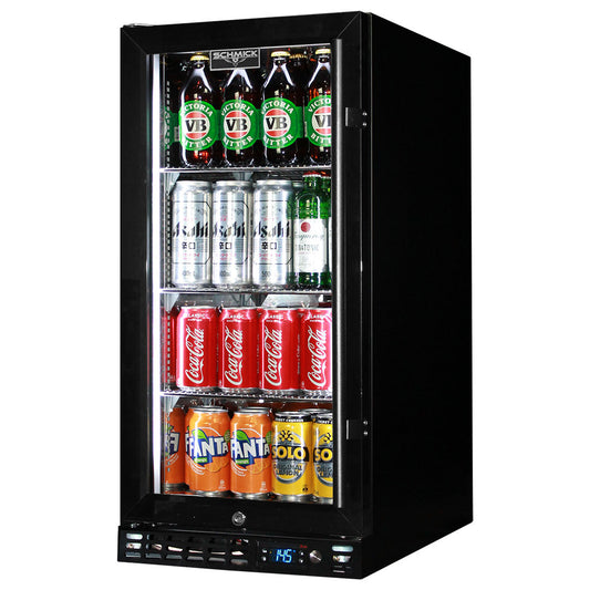 Schmick Black Quiet Running Front Venting Under Bench Heated Glass Door Bar Fridge Model SK92L-B-HD