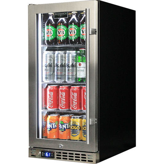 Schmick Stainless Quiet Running Front Venting Under Bench Heated Glass Door Bar Fridge Model SK92L-HD