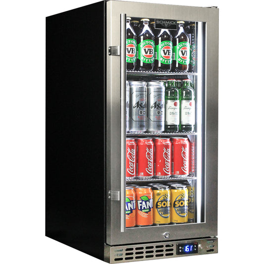 Schmick Stainless Quiet Running Front Venting Under Bench Heated Glass Door Bar Fridge Model SK92R-HD