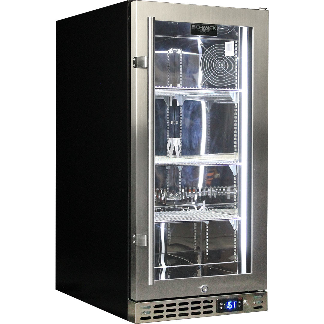 Schmick Stainless Quiet Running Front Venting Under Bench Heated Glass Door Bar Fridge Model SK92R-HD