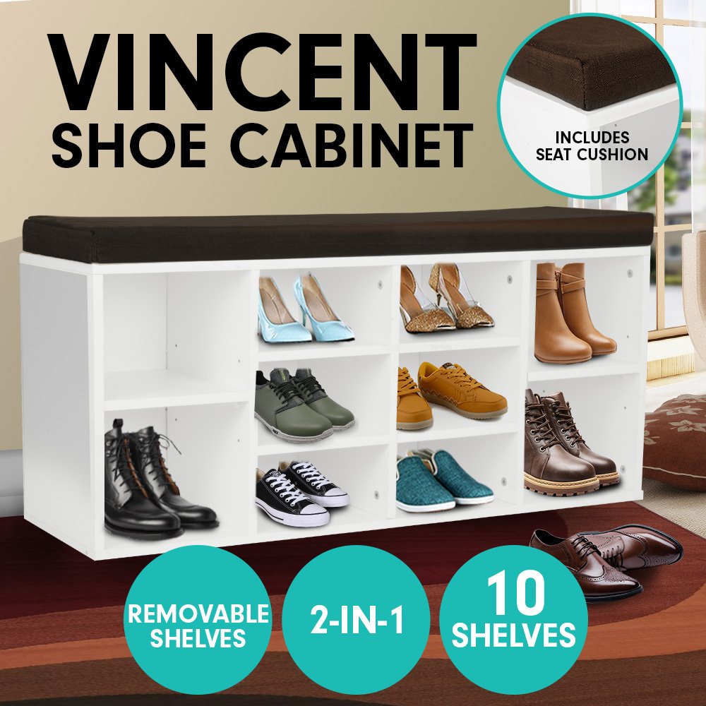 Shoe Rack Cabinet Organiser Brown Cushion - 104 x 30 x 45 - White