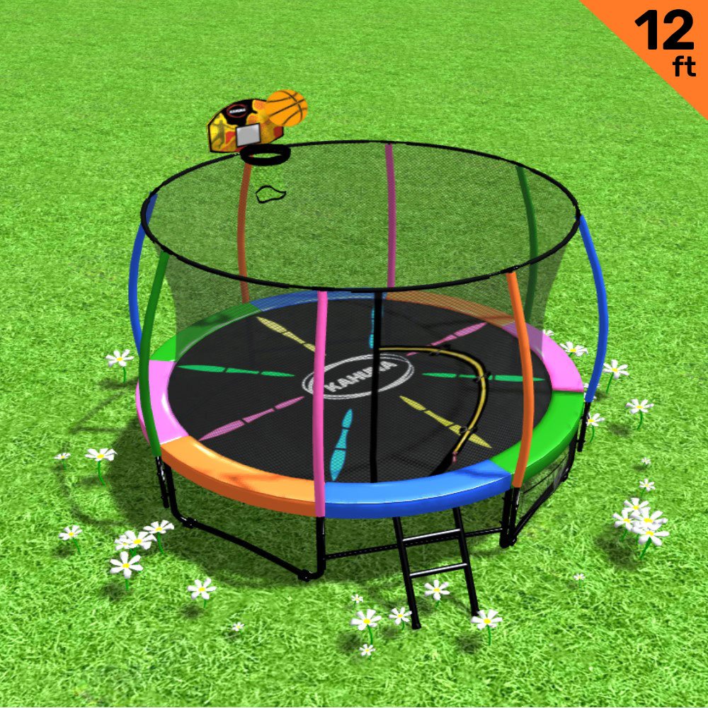 Kahuna Trampoline 12 ft with Basketball set - Rainbow