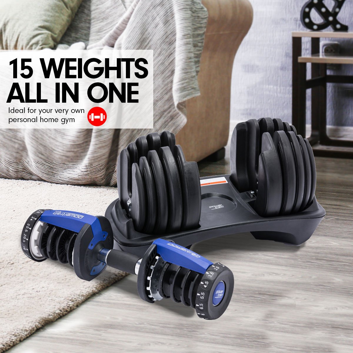 2x 24kg Powertrain Adjustable Dumbbell Home Gym Set