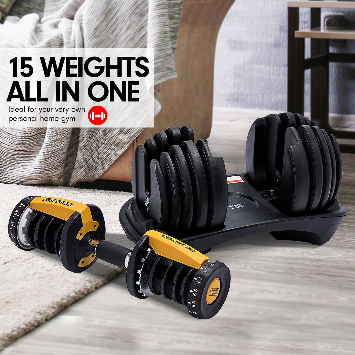 48KG Powertrain Adjustable Dumbbell Set With Stand - Gold