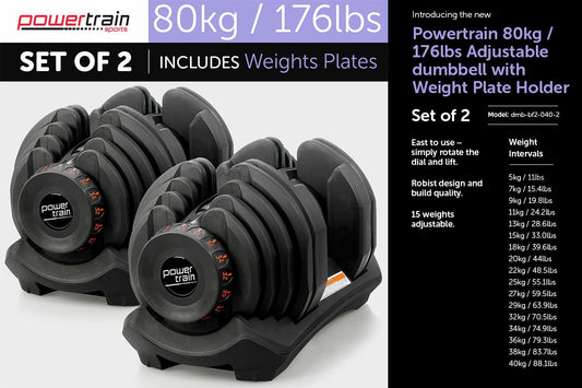 2x 40kg Powertrain Adjustable Dumbbells Home Gym Set