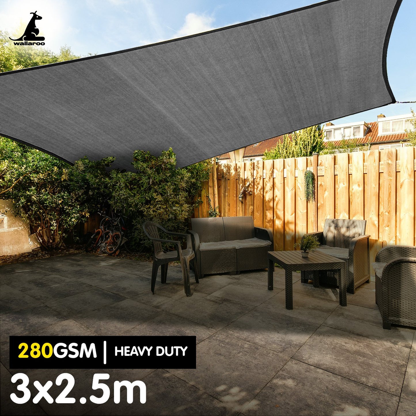 Wallaroo 280GSM Outdoor Sun Shade Sail Canopy Grey - 3m x 2.5m