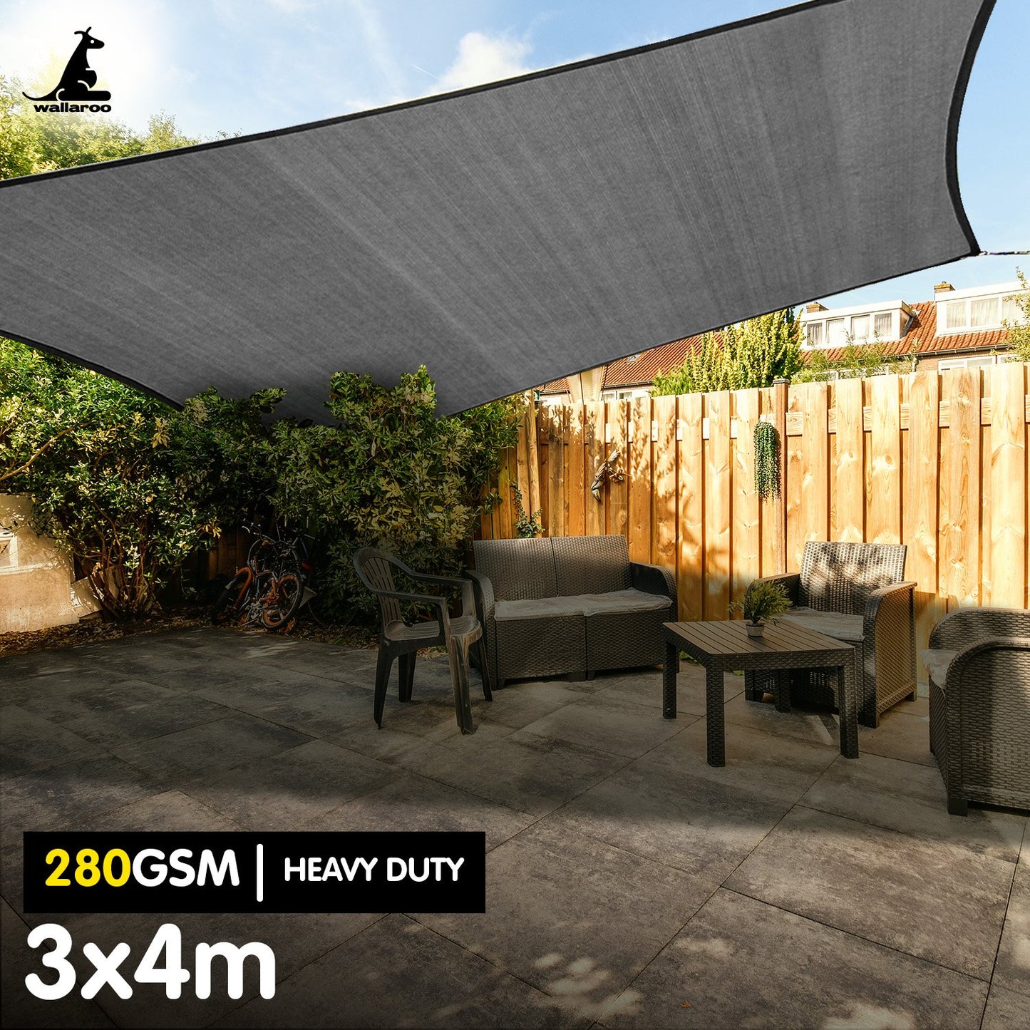 Wallaroo 280GSM Outdoor Sun Shade Sail Canopy Grey - 3m x 4m