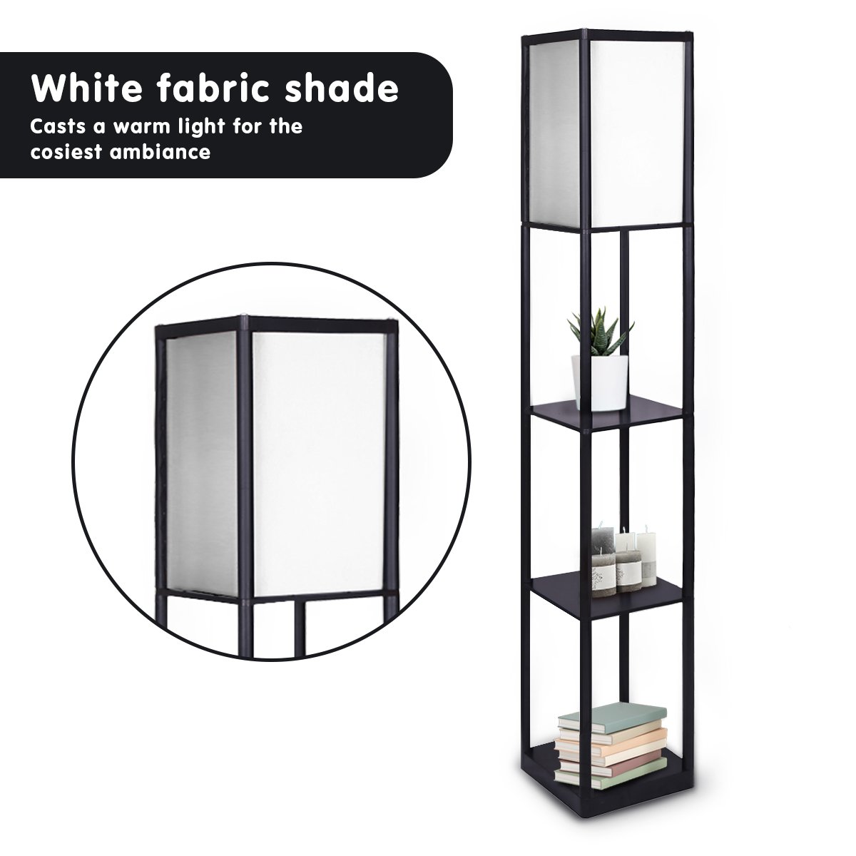 Sarantino Etagere Floor Lamp Shelves in Black Frame Fabric Shade