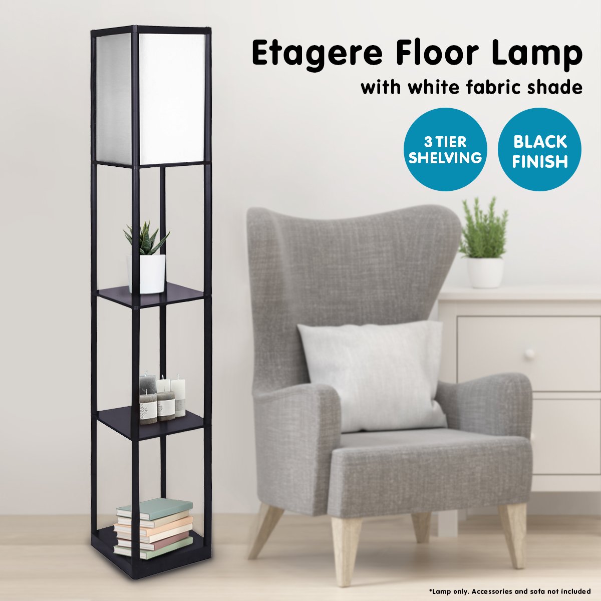 Sarantino Etagere Floor Lamp Shelves in Black Frame Fabric Shade