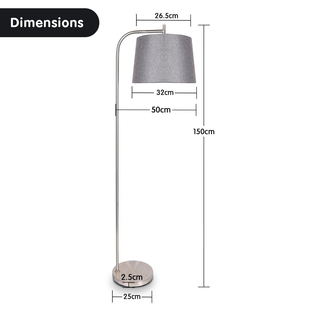 Sarantino Metal Task Floor Lamp Nickel Finish with Grey Fabric Shade