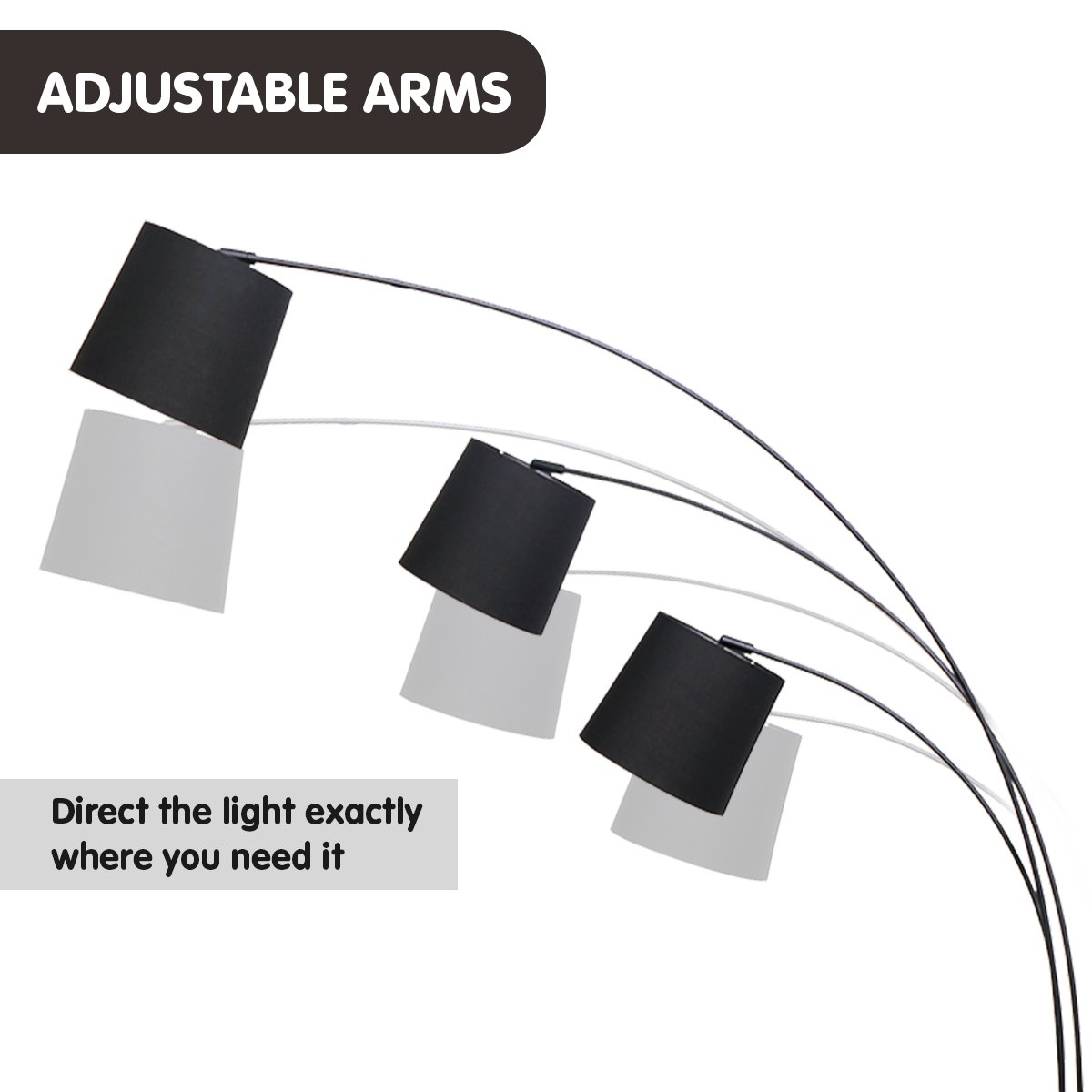 Sarantino 3-Light Arc Floor Lamp Adjustable Black 3 Shades