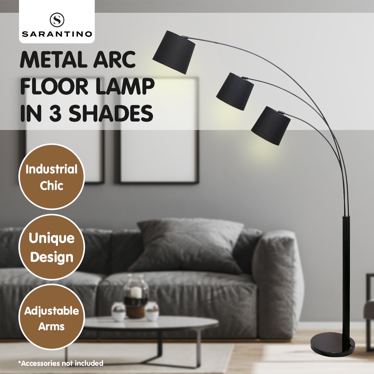 Sarantino 3-Light Arc Floor Lamp Adjustable Black 3 Shades