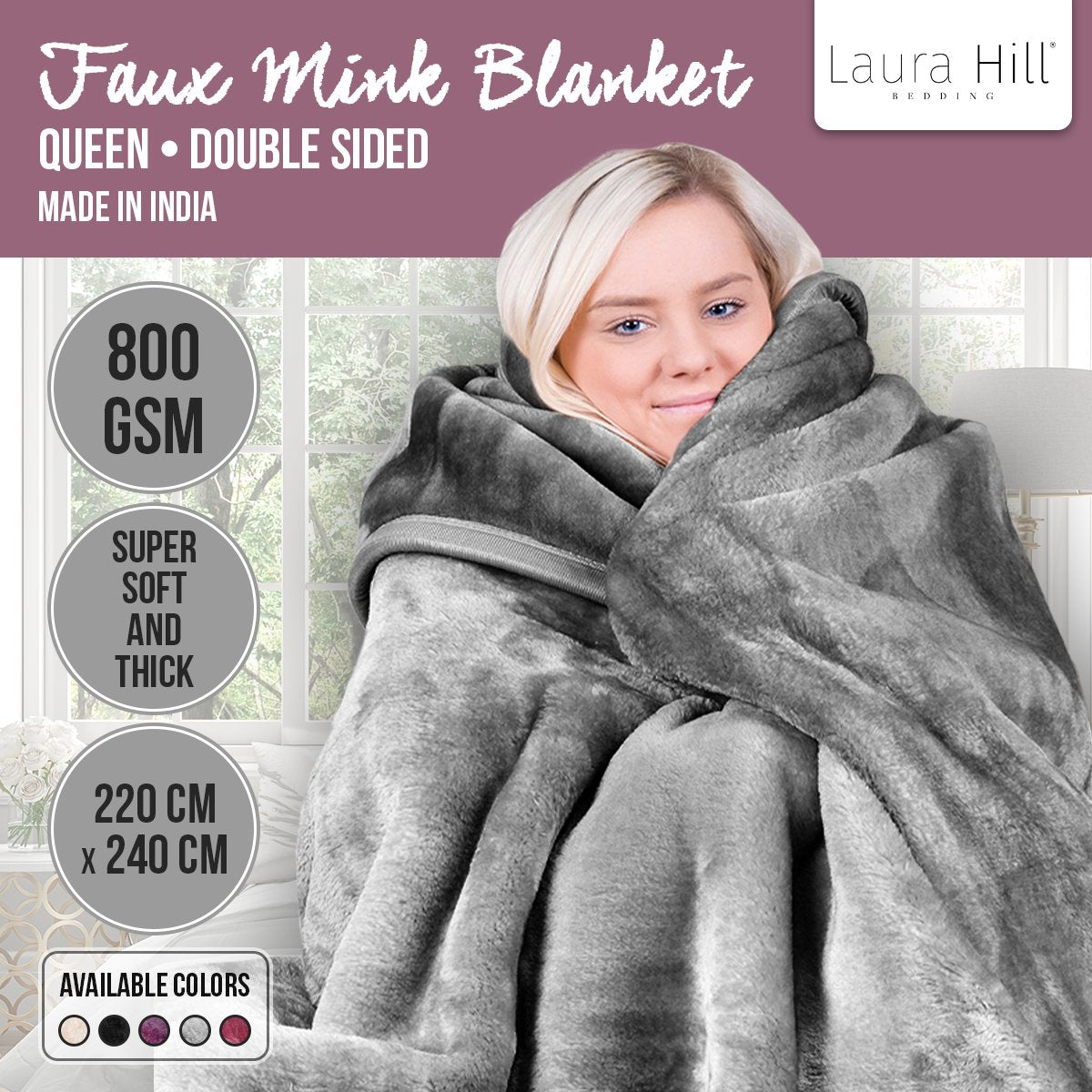 Laura Hill Faux Mink Blanket 800GSM Heavy Double-Sided - Silver