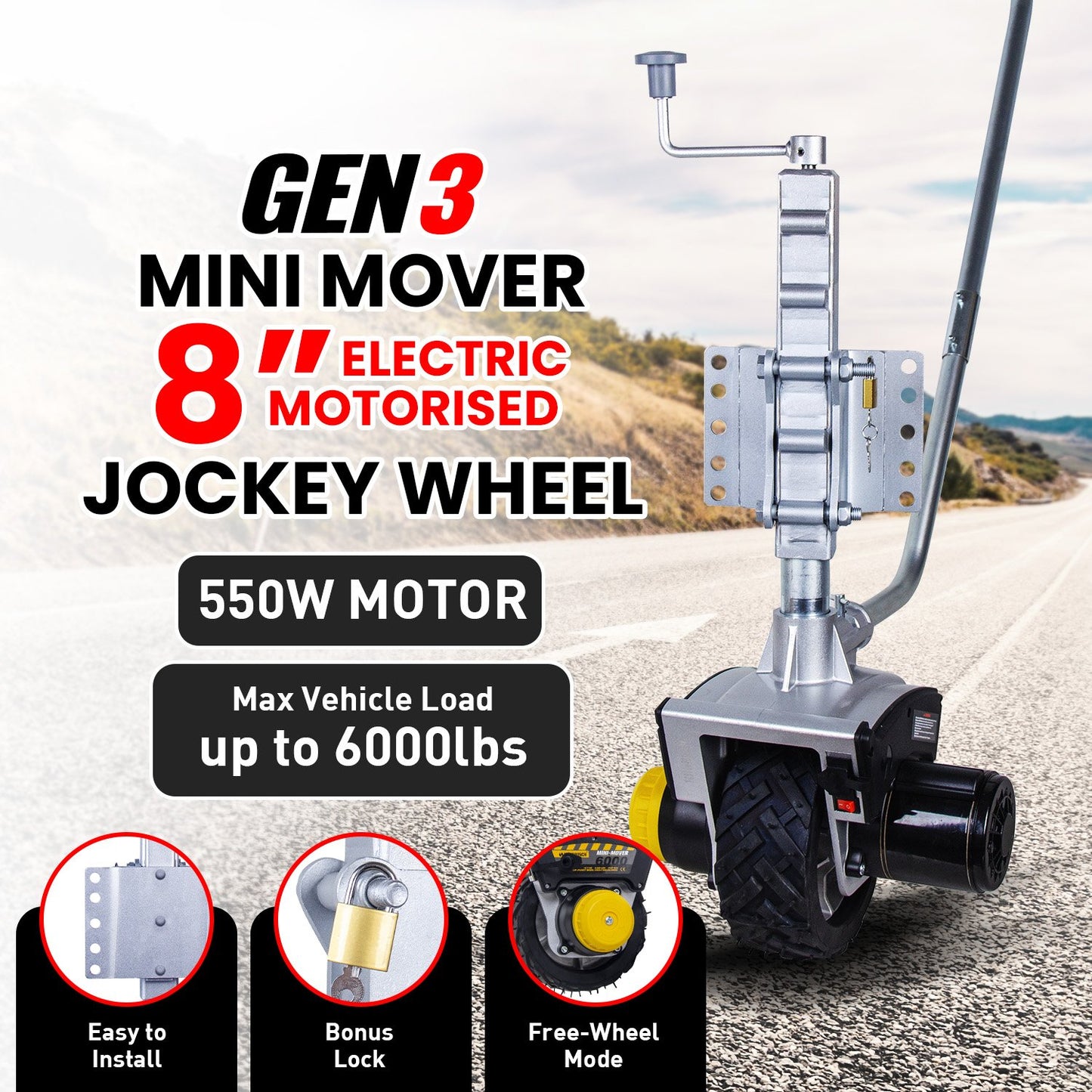 Gen3 Mini Mover 12V 550W Electric Motorised Jockey Wheel