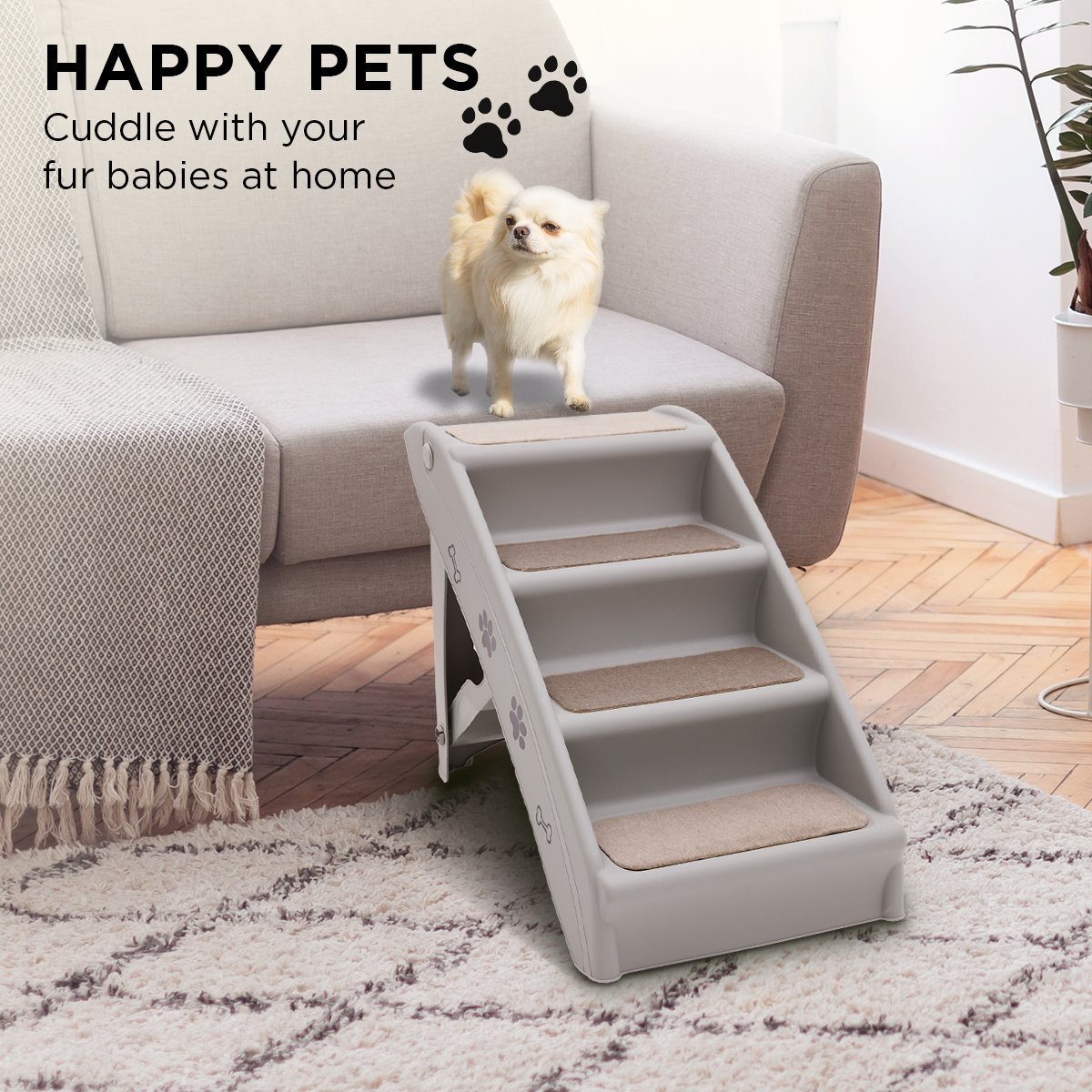 Furtastic Foldable Pet Stairs in Grey - 50cm Dog Ladder Cat Ramp with Non-Slip Mat for Indoor a