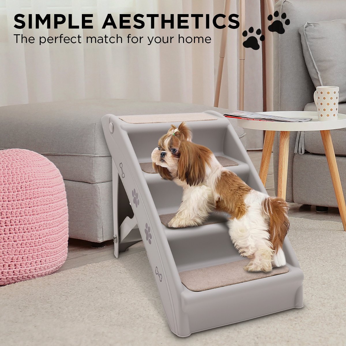 Furtastic Foldable Pet Stairs in Grey - 50cm Dog Ladder Cat Ramp with Non-Slip Mat for Indoor a