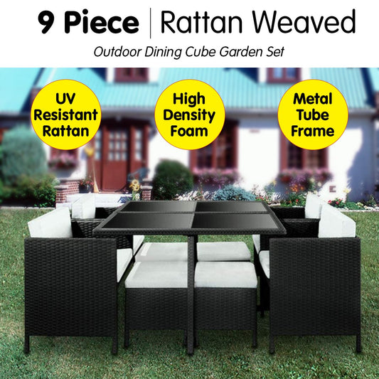 9 Piece PE Rattan Garden Patio Outdoor Dining Set Black