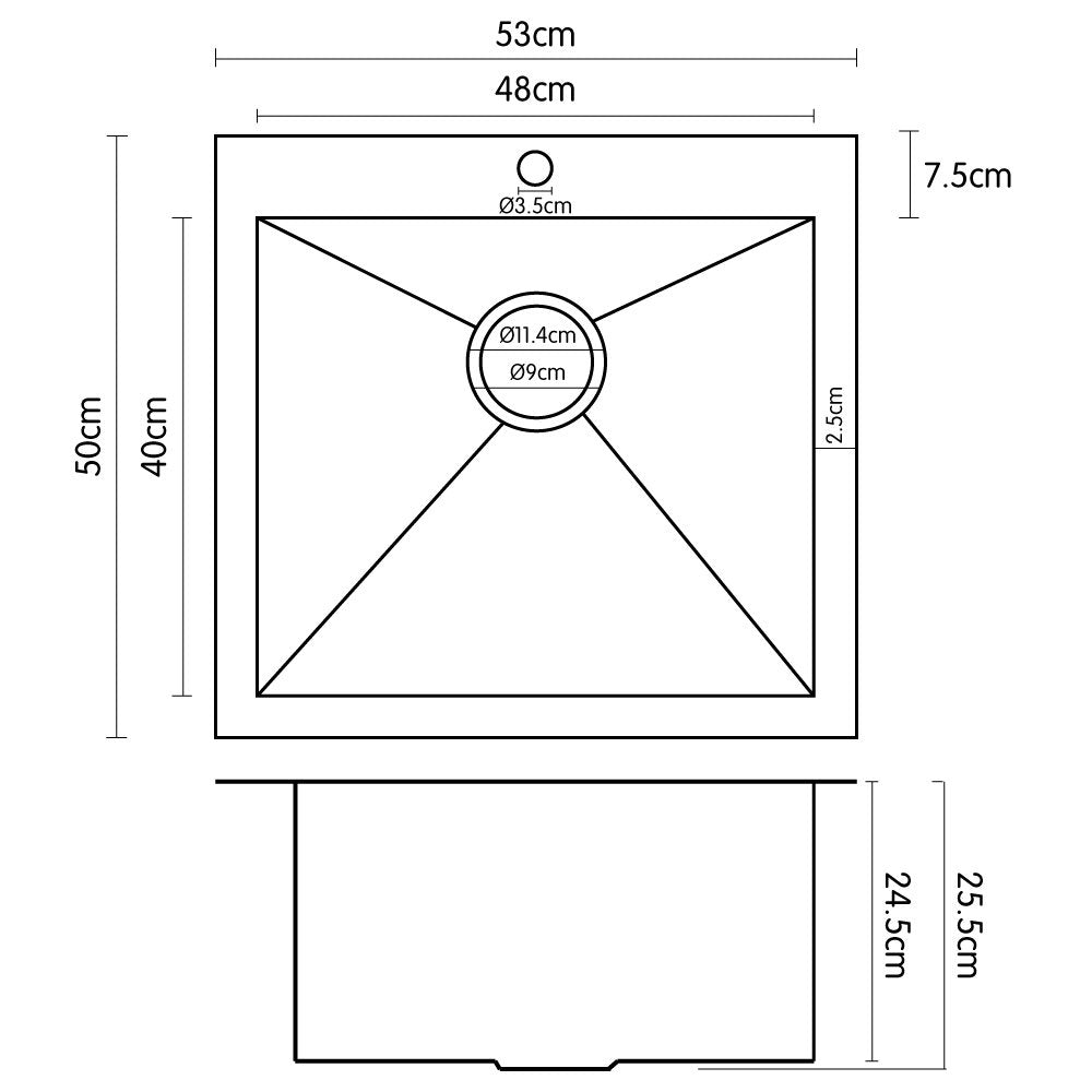 304 Stainless Steel Undermount Topmount Kitchen Laundry Sink - 530 x 500mm