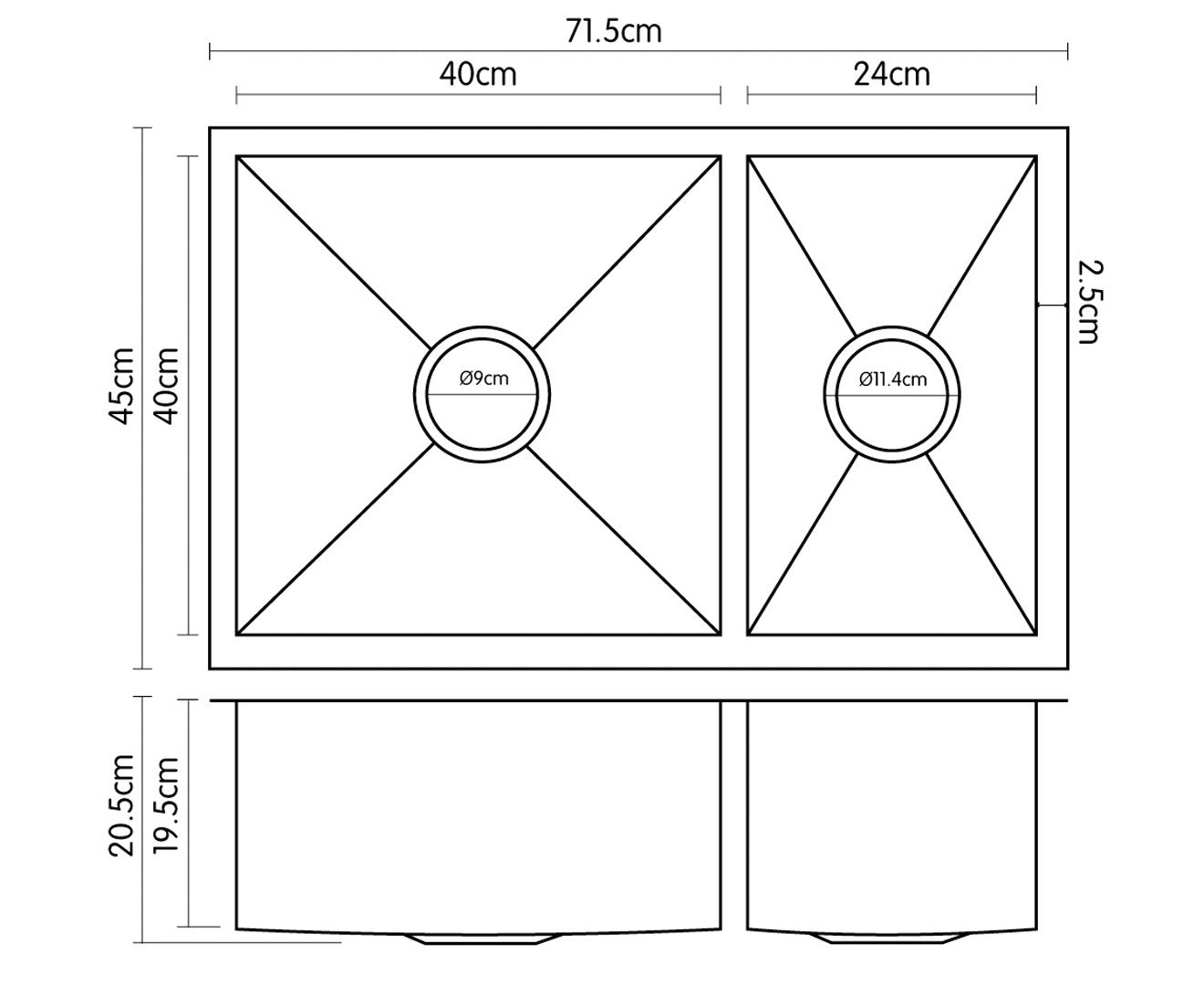 304 Stainless Steel Undermount Topmount Kitchen Laundry Sink - 715 x 450mm