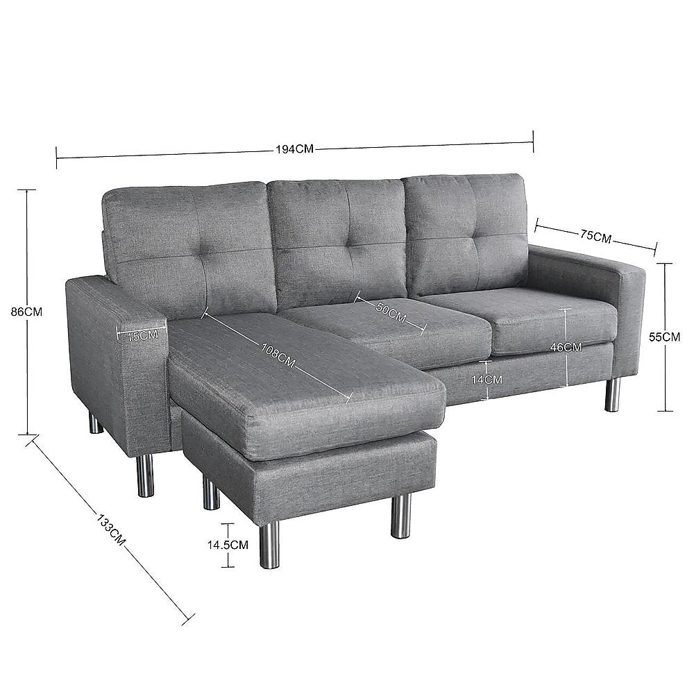 Sarantino Linen Corner Sofa Couch Lounge Chaise with Metal Legs - Grey