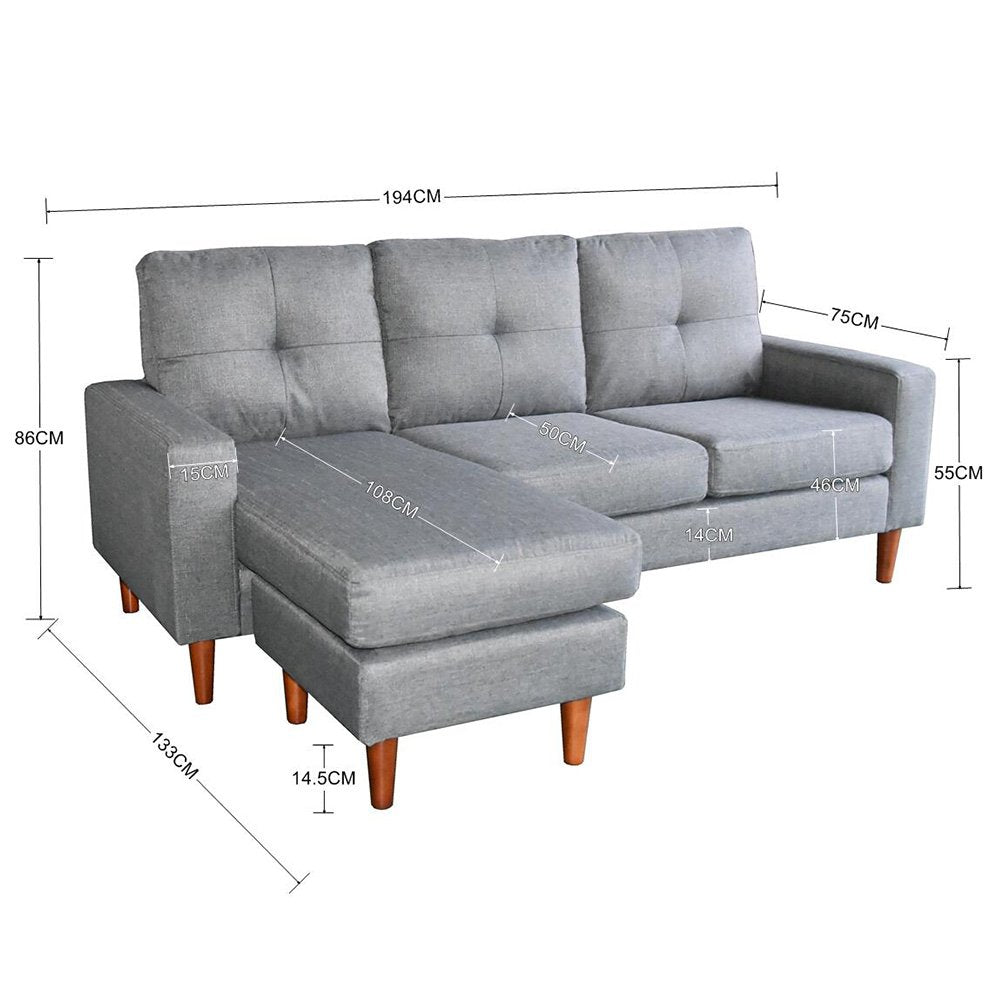 Sarantino Linen Corner Sofa Couch Lounge Adjustable Chaise - Grey