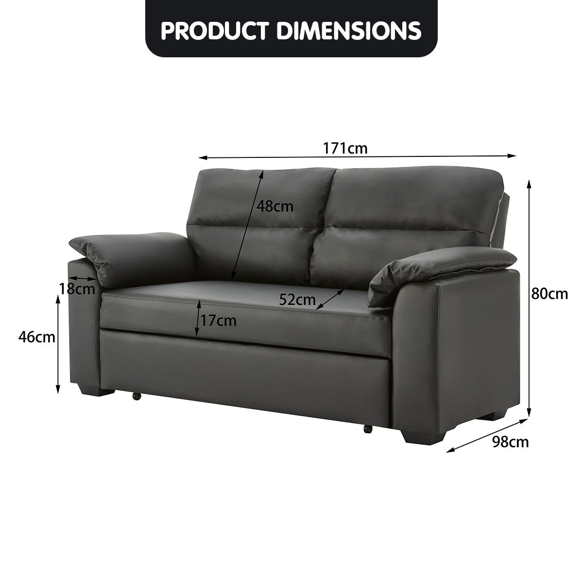 Sarantino Faux Leather Sofa Bed Couch Lounge - Black