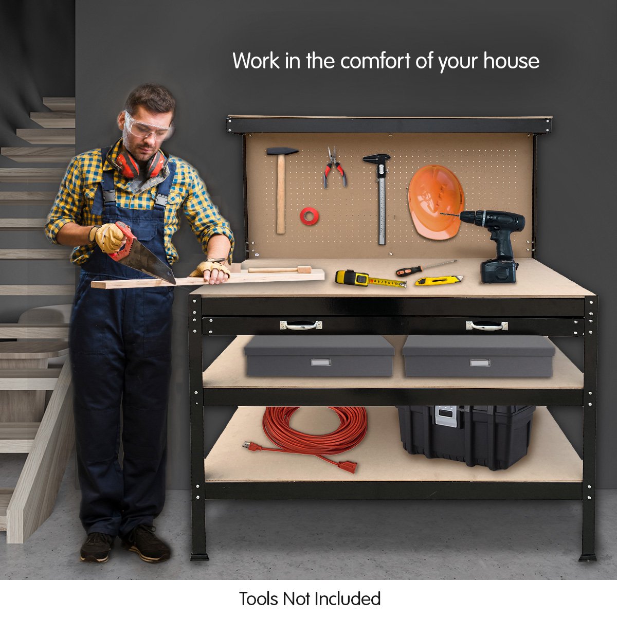 3-layer Steel Work Bench Garage Storage Table Tool Shop Shelf Pegboard Drawer