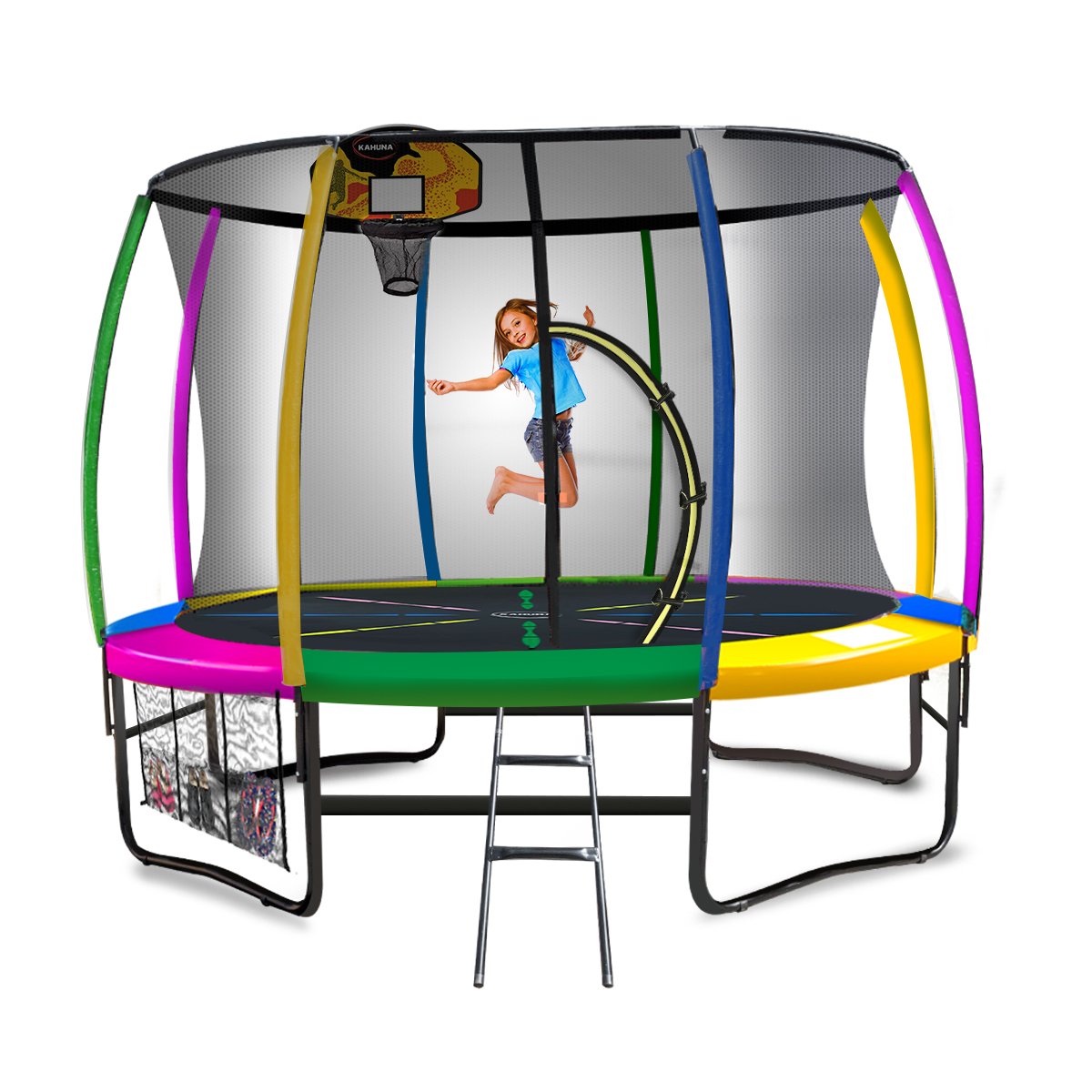 Kahuna Trampoline 10 ft with Basketball set - Rainbow