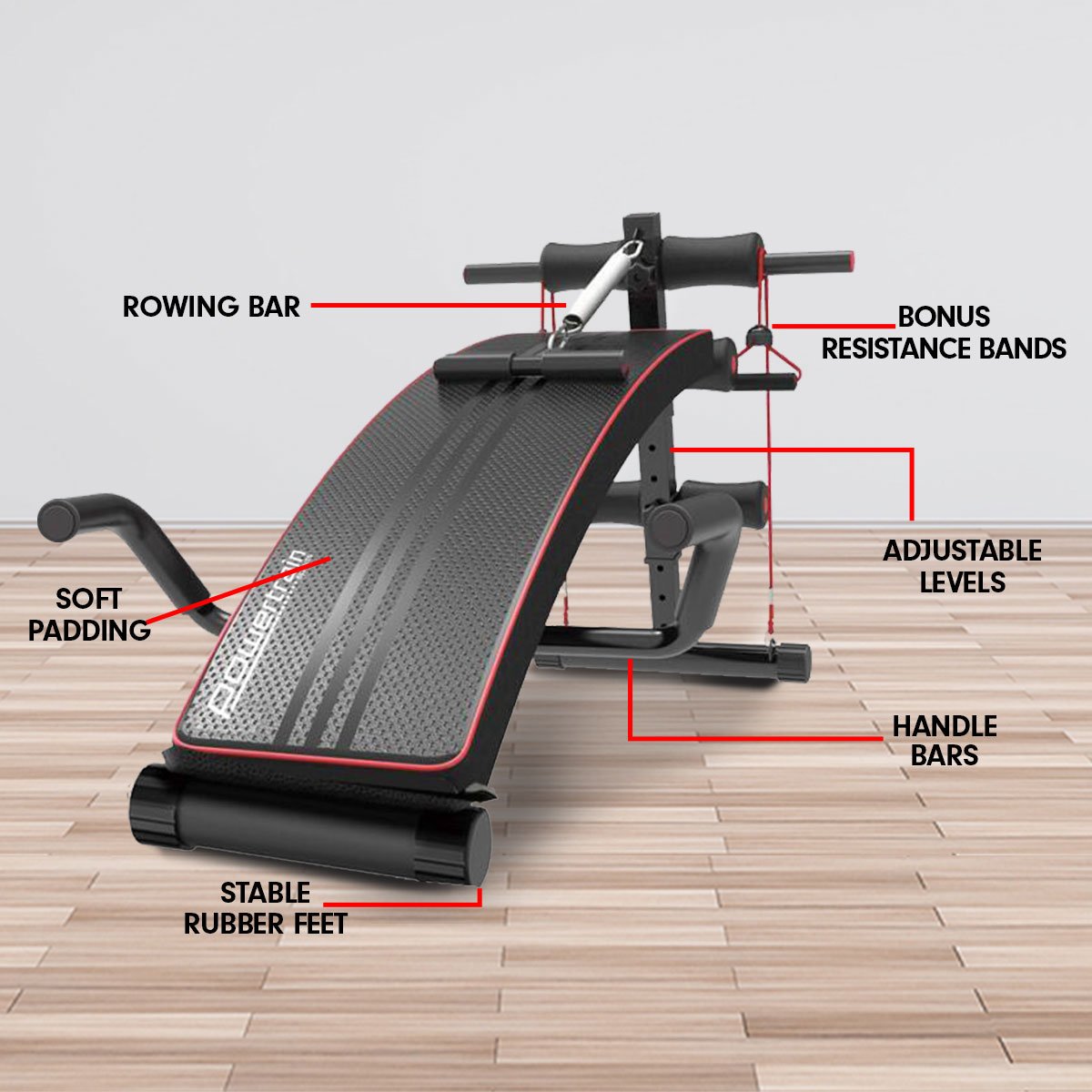 Powertrain Incline Sit-Up Bench with Resistance Bands and Rowing Bar