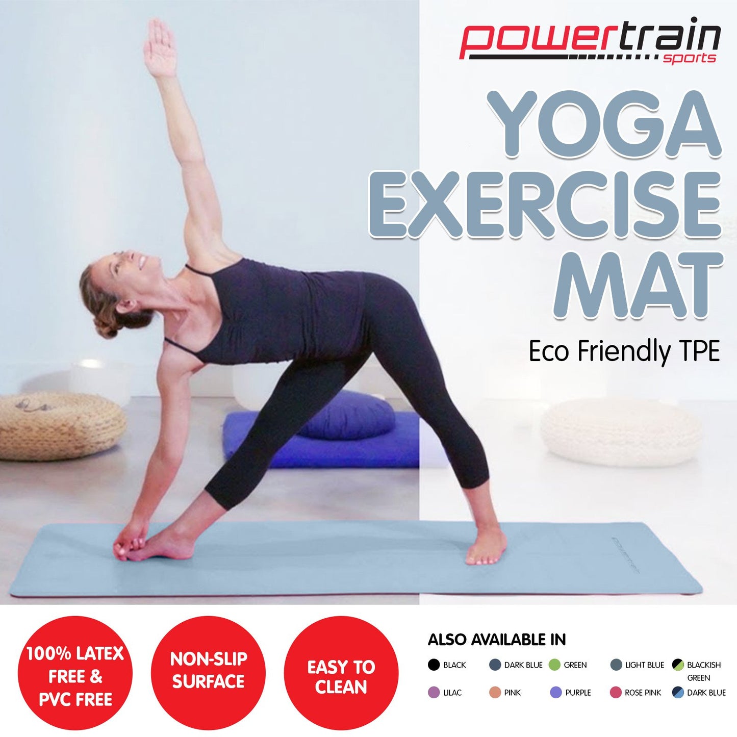 Powertrain Eco-Friendly TPE Yoga Pilates Exercise Mat 6mm - Sky Blue